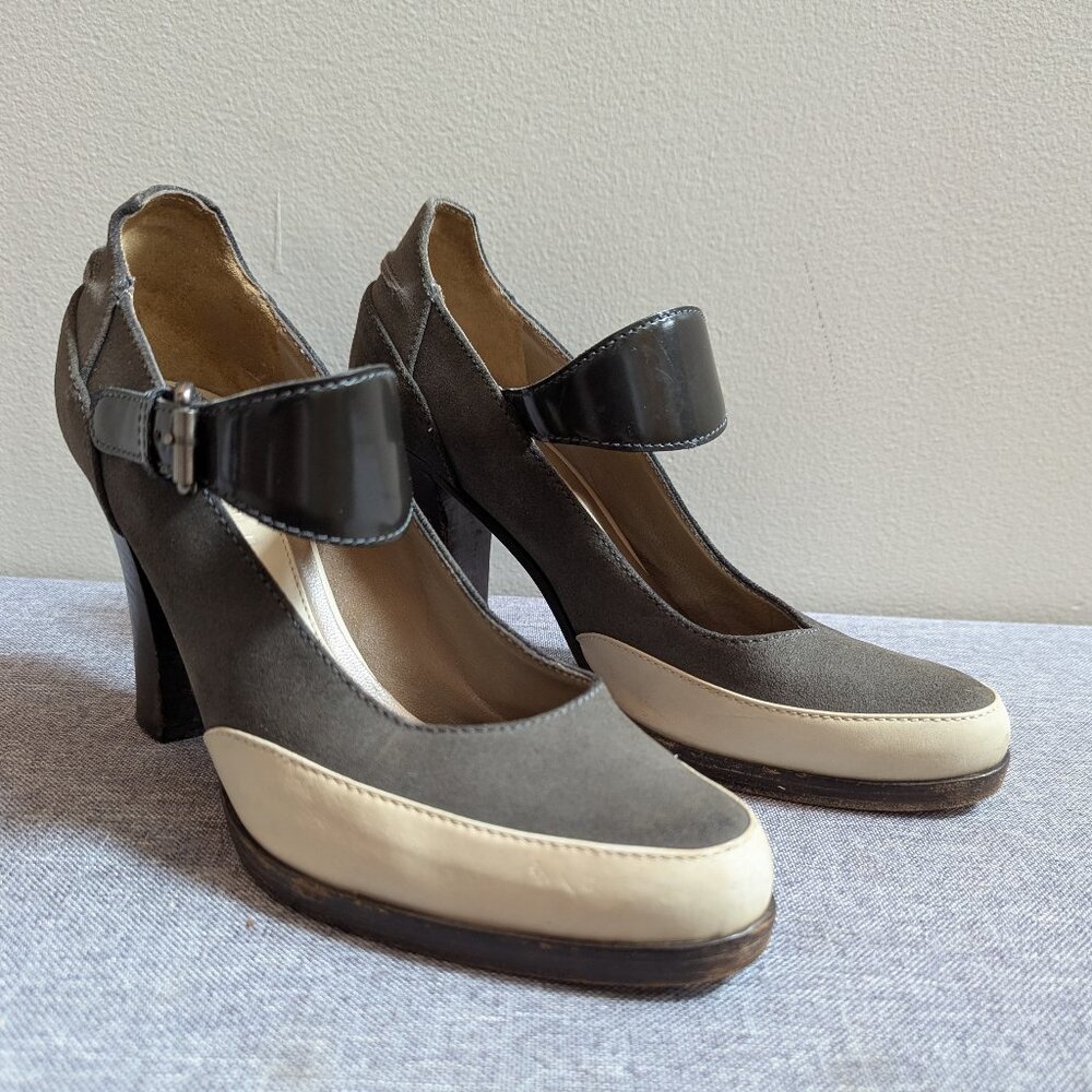 Marni - Grey Suede & Cream Leather Mary Jane Heels Sz 37.5, 7.5